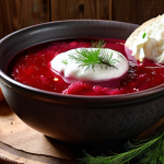** "A steaming bowl of vibrant red Borsch, garnished with a dollop of sour cream and fresh dill, rustic wooden table background, warm lighting."

**