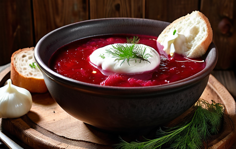** "A steaming bowl of vibrant red Borsch, garnished with a dollop of sour cream and fresh dill, rustic wooden table background, warm lighting."

**
