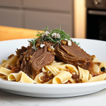 "A beautifully styled close-up shot of an elevated gourmet canned meal, showcasing a perfectly plated wild boar ragout on fresh pasta, garnished with grated Pecorino and fresh black pepper. The setting is a chic, modern kitchen counter with soft, warm lighting. The focus is on the rich texture and vibrant colors of the dish, emphasizing the transformation of canned food into a luxurious, restaurant-quality experience. The background subtly hints at innovative, high-quality canning, possibly with elegant, minimalist cans blurred in the background. Hyperrealistic, food photography style."