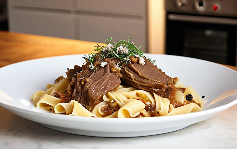 "A beautifully styled close-up shot of an elevated gourmet canned meal, showcasing a perfectly plated wild boar ragout on fresh pasta, garnished with grated Pecorino and fresh black pepper. The setting is a chic, modern kitchen counter with soft, warm lighting. The focus is on the rich texture and vibrant colors of the dish, emphasizing the transformation of canned food into a luxurious, restaurant-quality experience. The background subtly hints at innovative, high-quality canning, possibly with elegant, minimalist cans blurred in the background. Hyperrealistic, food photography style."