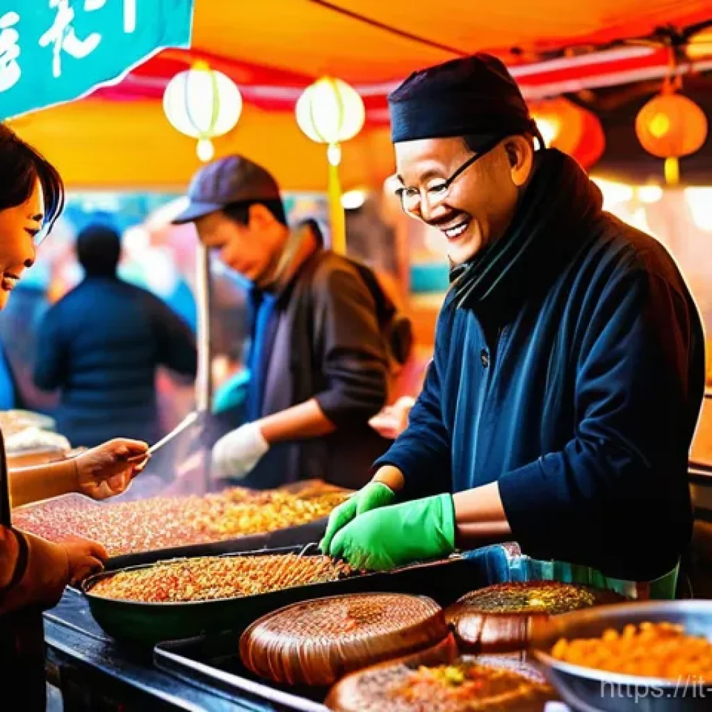 타이완 길거리 음식 - **Prompt: "A bustling Taiwanese night market at dusk, illuminated by a warm glow from colorful neon ...