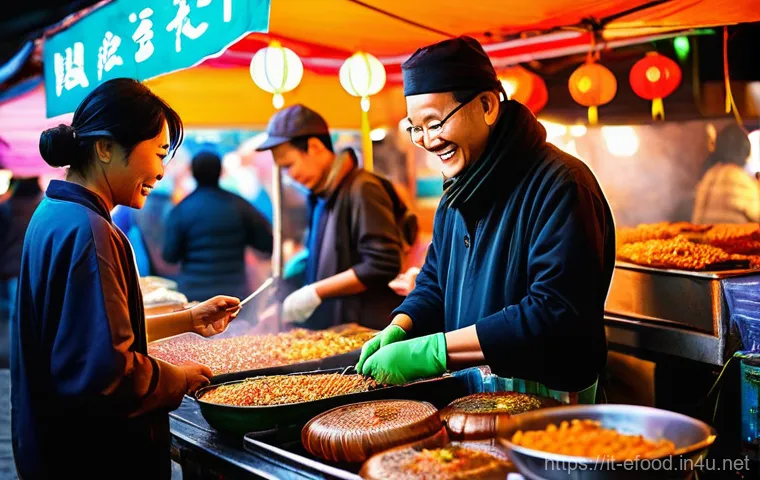 타이완 길거리 음식 - **Prompt: "A bustling Taiwanese night market at dusk, illuminated by a warm glow from colorful neon ...