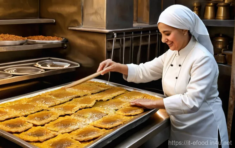 그리스 디저트 바클라바 - **"A close-up, historical-style painting depicting the meticulous preparation of Baklava in an opule...
