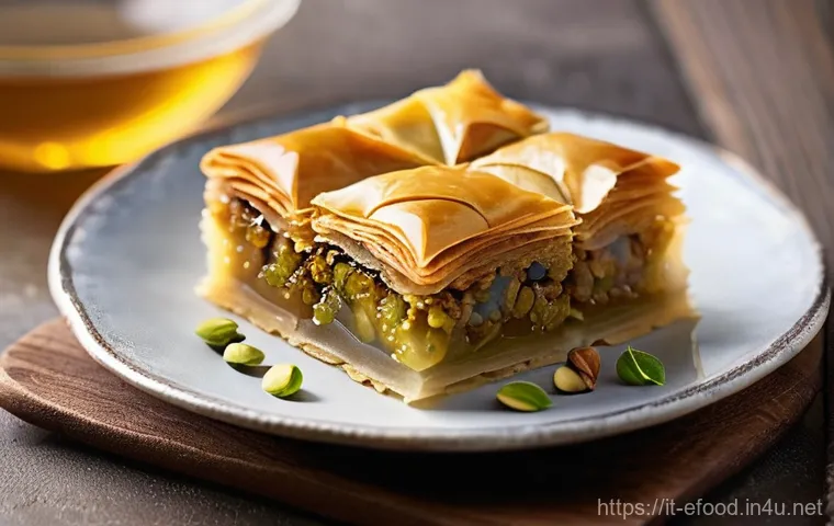 그리스 디저트 바클라바 - **"A close-up, historical-style painting depicting the meticulous preparation of Baklava in an opule...