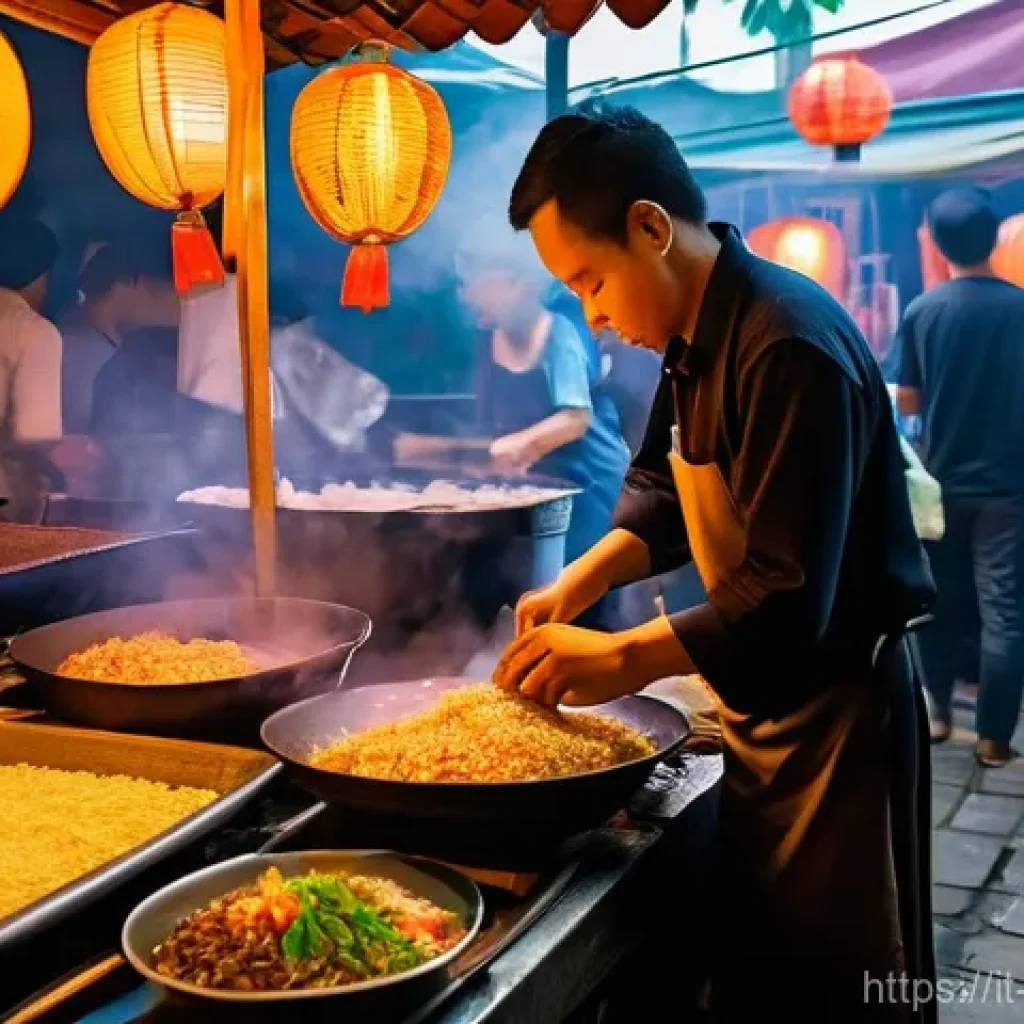 인도네시아 길거리 음식 - A bustling and vibrant Indonesian night market scene, with a focus on a "Nasi Goreng" (fried rice) s...