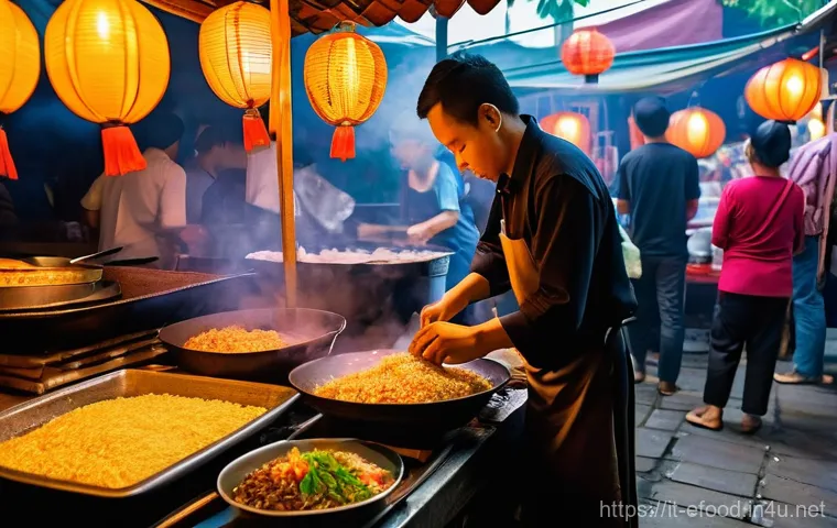 인도네시아 길거리 음식 - A bustling and vibrant Indonesian night market scene, with a focus on a "Nasi Goreng" (fried rice) s...