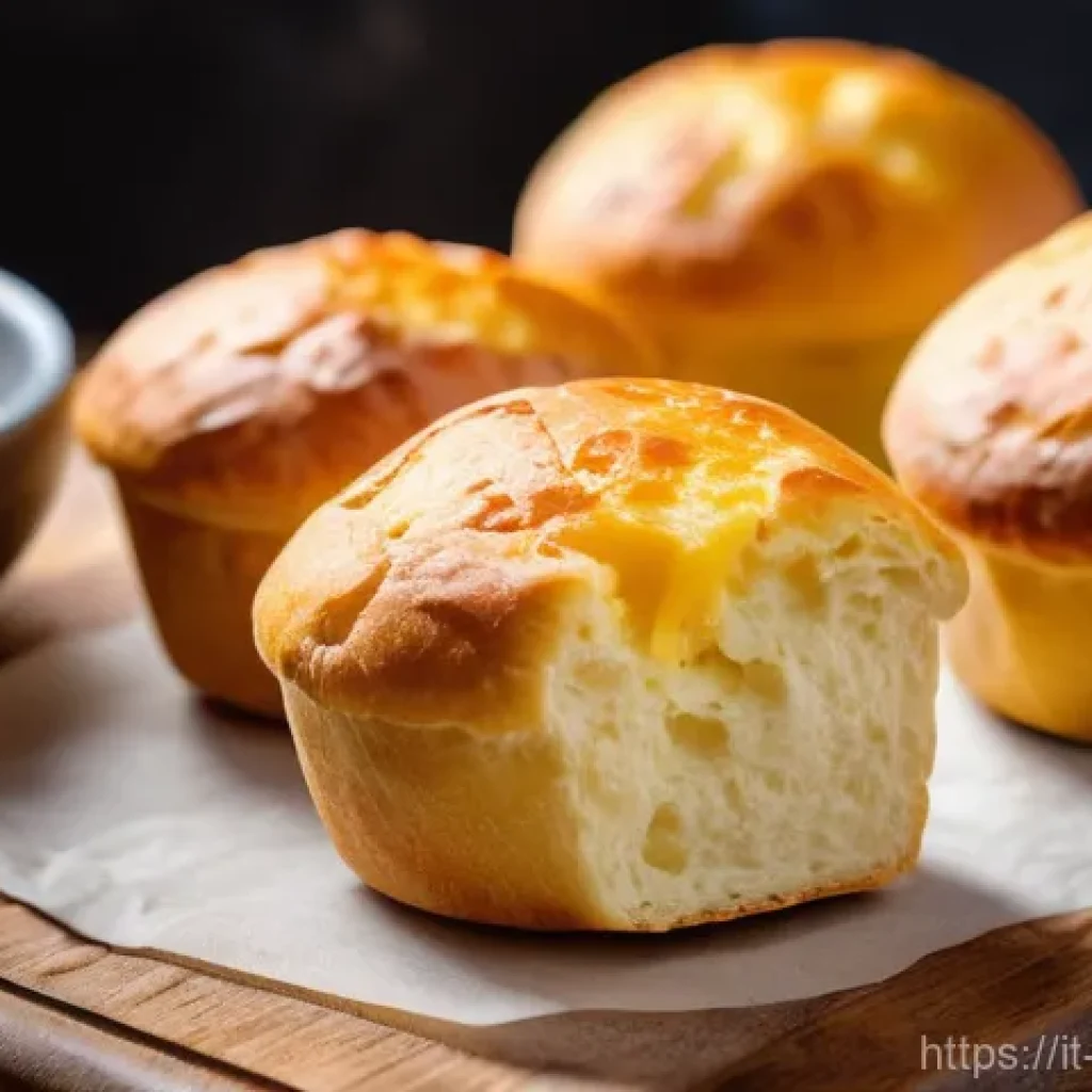 브라질 간식 빠오지께조 - A close-up shot of several golden-brown Pão de Queijo, freshly baked and still warm, arranged artful...
