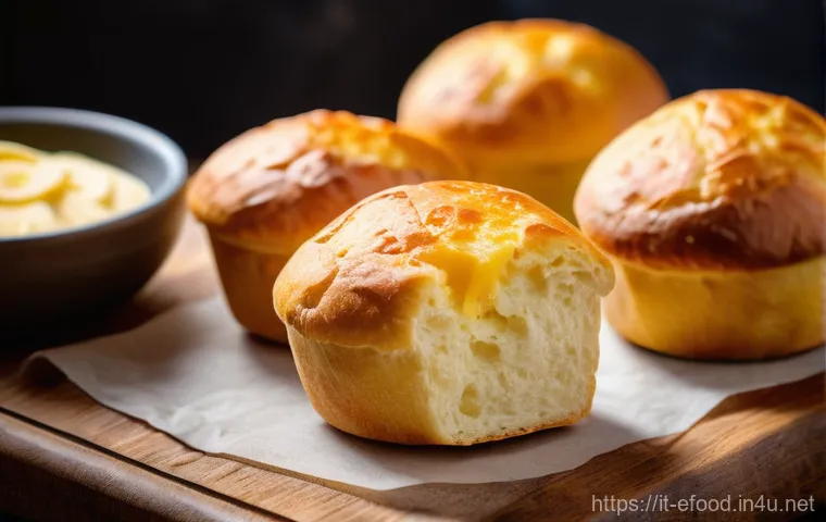 브라질 간식 빠오지께조 - A close-up shot of several golden-brown P&atilde;o de Queijo, freshly baked and still warm, arranged artful...