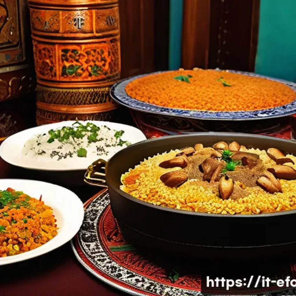중앙아시아 전통 요리 - **Central Asian Plov Feast in a Traditional Setting:** A warm, inviting scene in a cozy Central Asia...