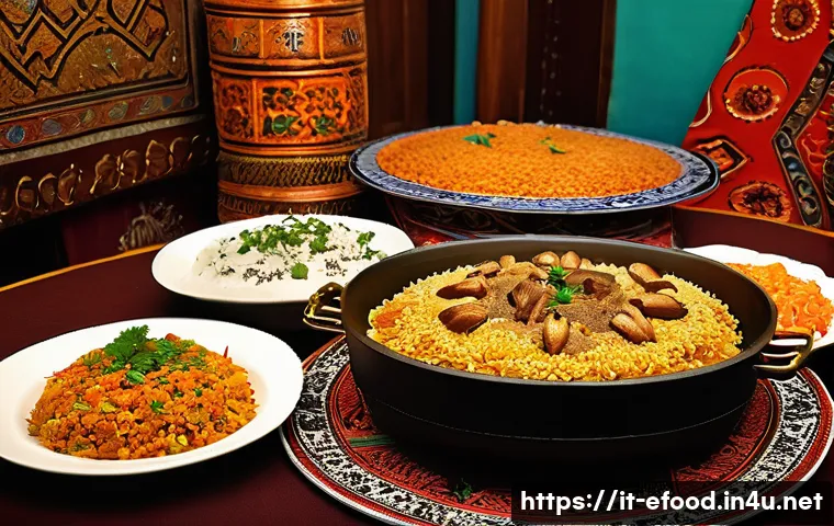 중앙아시아 전통 요리 - **Central Asian Plov Feast in a Traditional Setting:** A warm, inviting scene in a cozy Central Asia...
