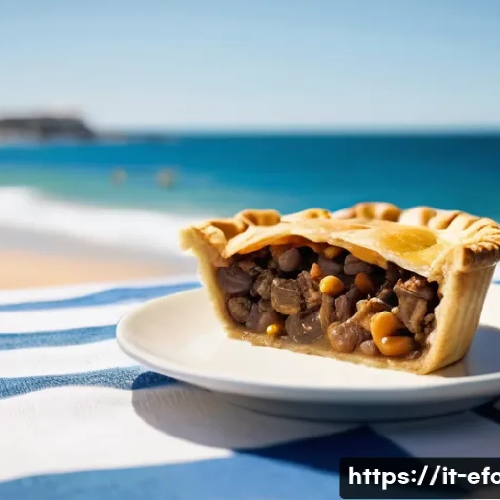 호주 전통 음식 미트파이 - **Prompt 1: The Iconic Beachside Meat Pie.**
    A vibrant, sun-drenched scene on Bondi Beach, Sydne...