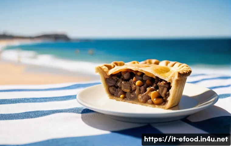 호주 전통 음식 미트파이 - **Prompt 1: The Iconic Beachside Meat Pie.**
A vibrant, sun-drenched scene on Bondi Beach, Sydne...