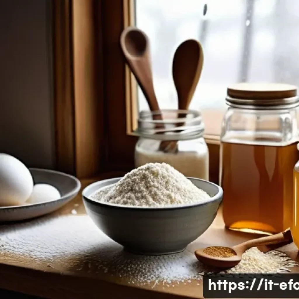 글루텐프리 디저트 소개 - A rustic kitchen scene featuring an assortment of gluten-free baking ingredients arranged on a woode...
