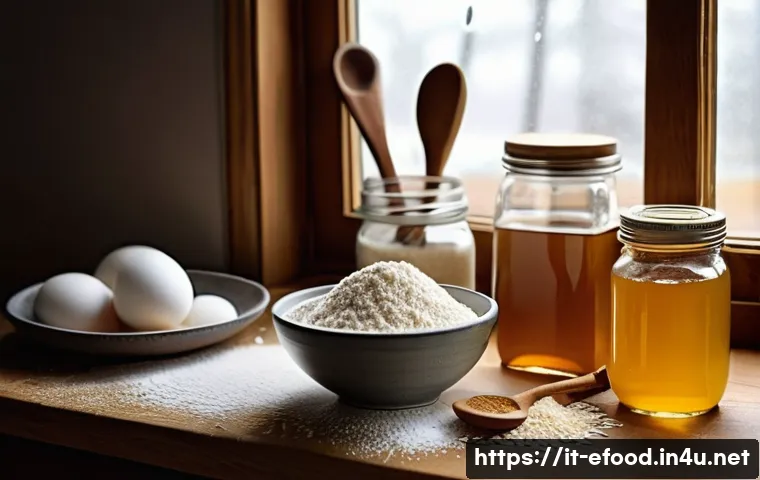 글루텐프리 디저트 소개 - A rustic kitchen scene featuring an assortment of gluten-free baking ingredients arranged on a woode...