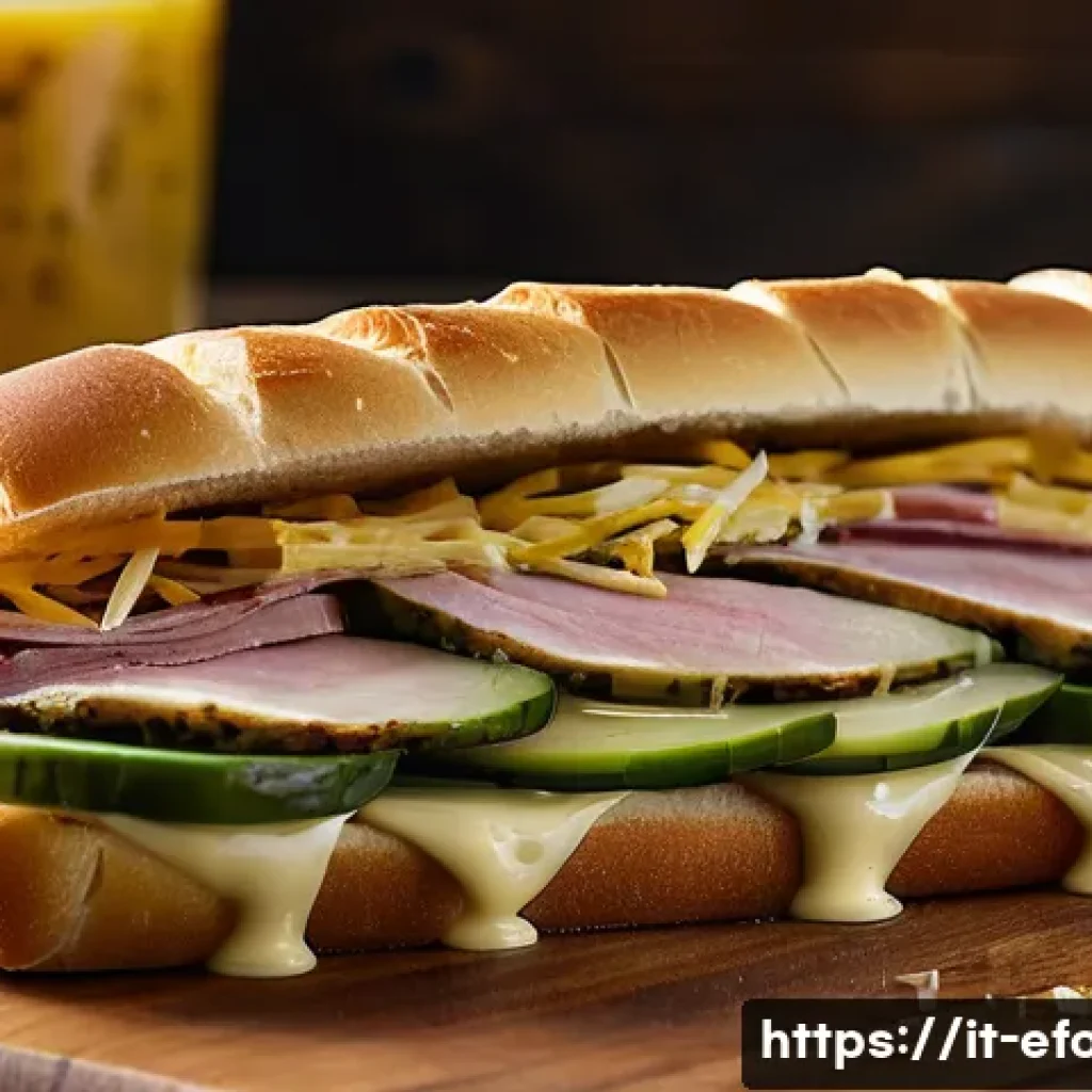 쿠바식 샌드위치 레시피 - A close-up of an authentic Cuban sandwich on a wooden board, showcasing a golden, thin-crust artisan...
