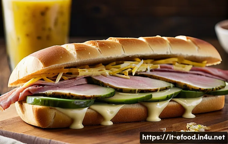 쿠바식 샌드위치 레시피 - A close-up of an authentic Cuban sandwich on a wooden board, showcasing a golden, thin-crust artisan...