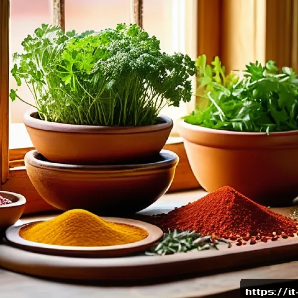 특별한 조미료 추천 - A vibrant Mediterranean kitchen scene featuring a rustic wooden table set with colorful bowls of spi...