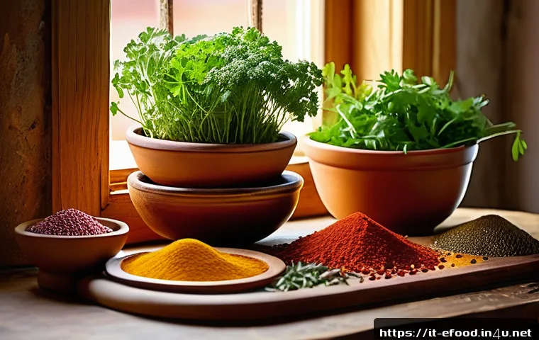 특별한 조미료 추천 - A vibrant Mediterranean kitchen scene featuring a rustic wooden table set with colorful bowls of spi...