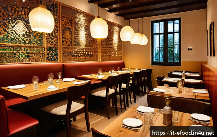 할랄 푸드 전문점 - A cozy halal restaurant interior in Milan blending traditional Middle Eastern and modern minimalist ...