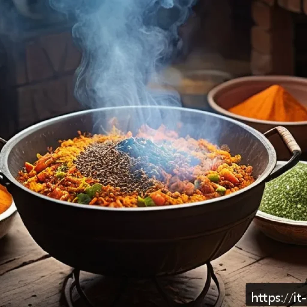 우즈베키스탄 전통 음식 - A vibrant and detailed scene of a traditional Uzbek family kitchen preparing plov in a large kazan p...