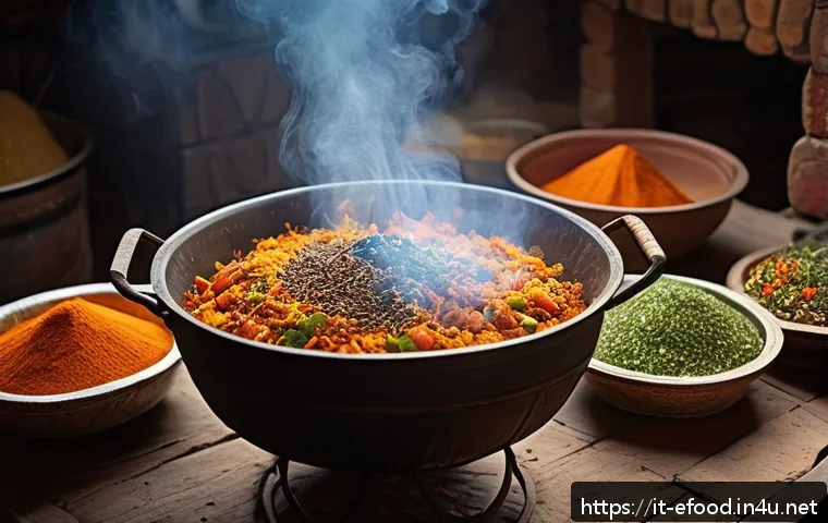 우즈베키스탄 전통 음식 - A vibrant and detailed scene of a traditional Uzbek family kitchen preparing plov in a large kazan p...