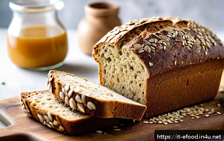 무글루텐 빵 추천 - A rustic Italian artisanal gluten-free bread loaf on a wooden board, showcasing a crunchy dark brown...