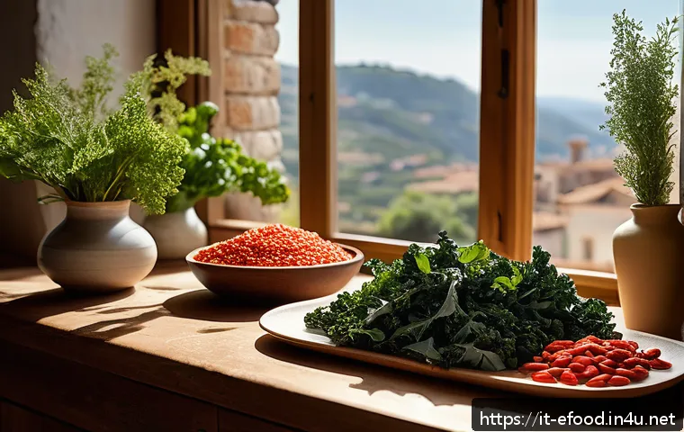 글로벌 슈퍼푸드 리스트 - A vibrant Italian kitchen scene showcasing a rustic wooden table filled with colorful superfoods lik...