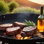 Home 22 아르헨티나 스테이크 - A rustic Argentine barbecue scene featuring a wooden grill over glowing oak and quebracho wood ember...