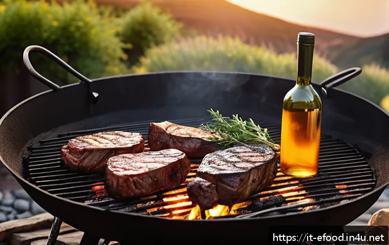 아르헨티나 스테이크 - A rustic Argentine barbecue scene featuring a wooden grill over glowing oak and quebracho wood ember...