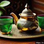 Home 21 모로코 민트차 만들기 - A traditional Moroccan tea setting featuring a polished brass teapot with intricate engravings, pour...