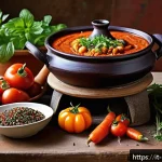 Home 20 북아프리카 음식 종류 - A vibrant North African kitchen scene featuring a traditional terracotta tajine pot simmering on a r...