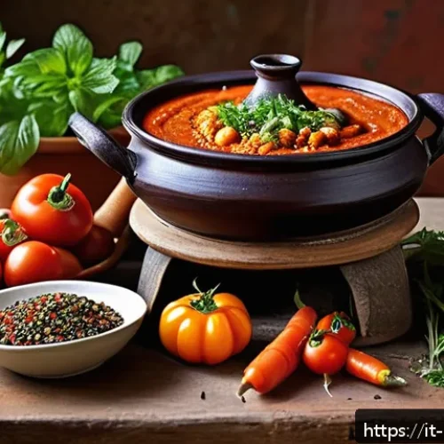 Home 32 북아프리카 음식 종류 - A vibrant North African kitchen scene featuring a traditional terracotta tajine pot simmering on a r...