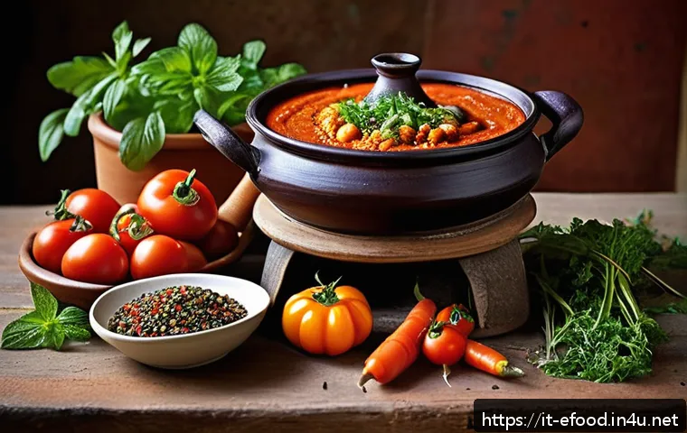 북아프리카 음식 종류 - A vibrant North African kitchen scene featuring a traditional terracotta tajine pot simmering on a r...