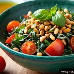 Home 19 미얀마 샐러드 레파드 - A vibrant close-up of a Burmese-Italian fusion salad served in a rustic ceramic bowl, featuring dark...