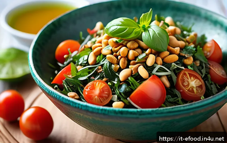 미얀마 샐러드 레파드 - A vibrant close-up of a Burmese-Italian fusion salad served in a rustic ceramic bowl, featuring dark...