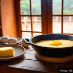 Home 23 파라과이 요리 수파파라과야 - A traditional Paraguayan kitchen scene showcasing the preparation of Sopa Paraguaya: a rustic wooden...
