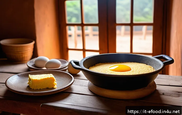 파라과이 요리 수파파라과야 - A traditional Paraguayan kitchen scene showcasing the preparation of Sopa Paraguaya: a rustic wooden...