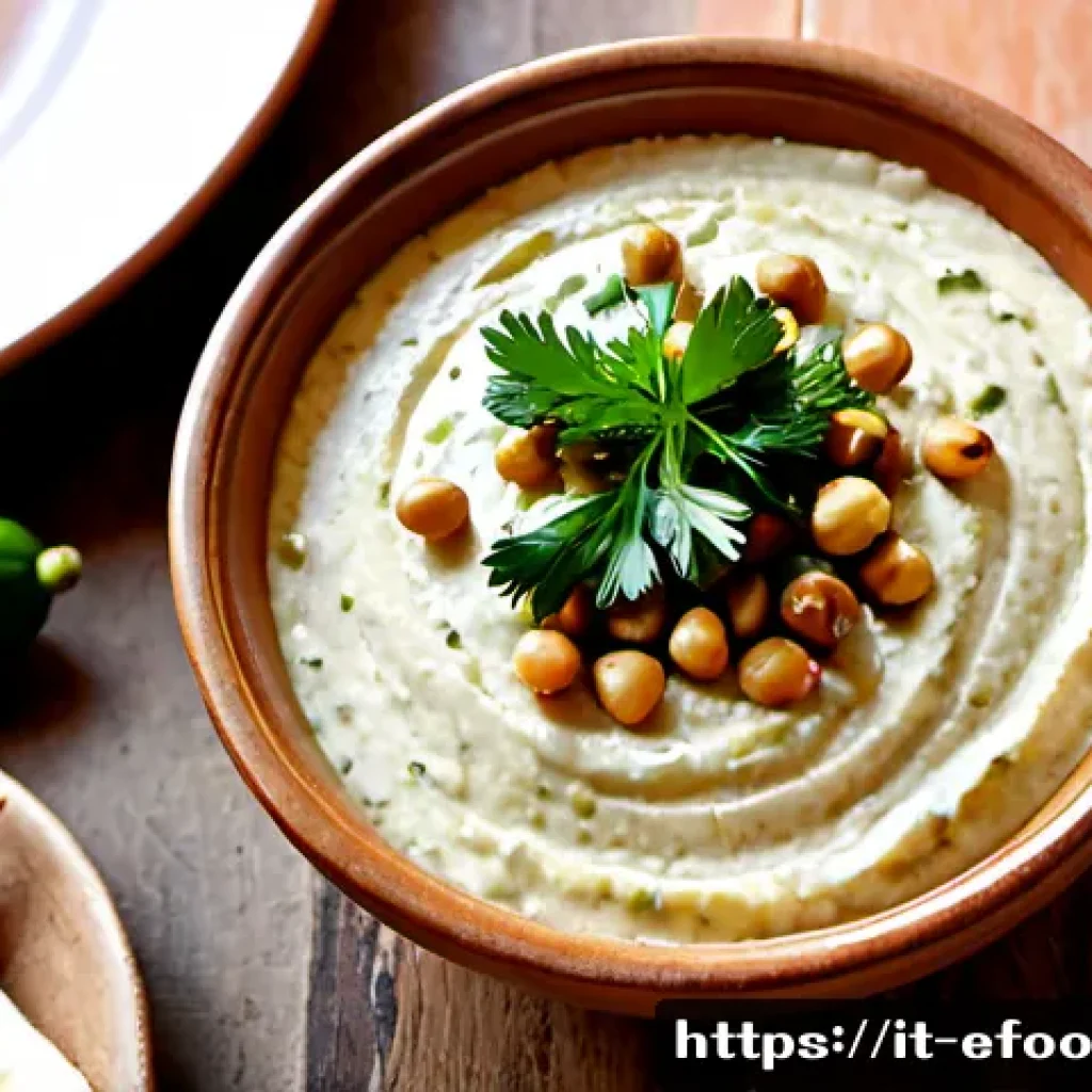 레바논 전통 요리 후무스 - Photorealistic overhead food photography of a generous bowl of silky Lebanese hummus, swirled by han...