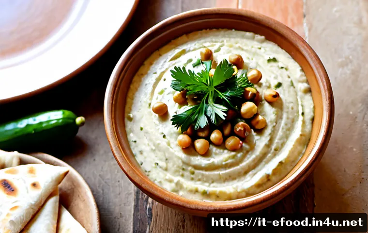 레바논 전통 요리 후무스 - Photorealistic overhead food photography of a generous bowl of silky Lebanese hummus, swirled by han...