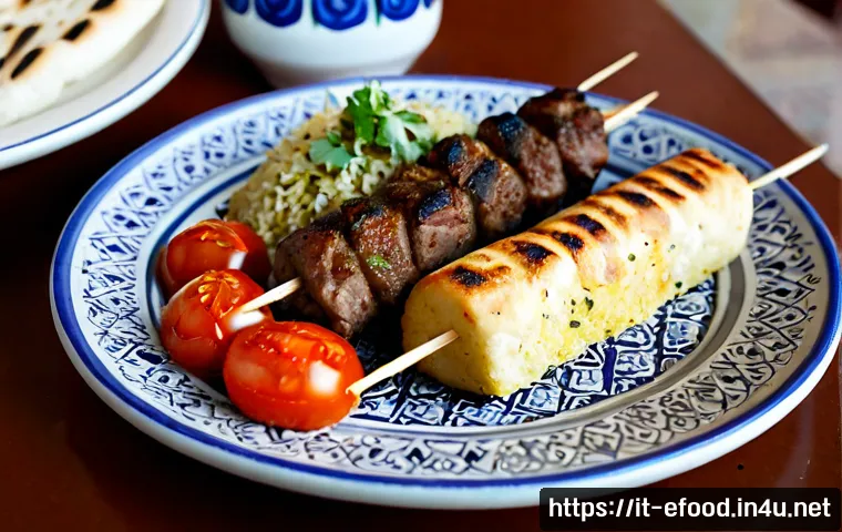 이란 전통 요리 케밥 - Photorealistic Iranian koobideh kebab platter on a traditional patterned ceramic plate, two long cha...